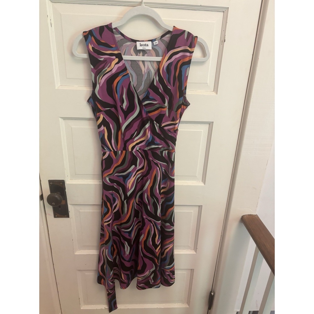 Leota Women's Finnley Faux Wrap Dress Purple Abstract Sleeveless Size S $148